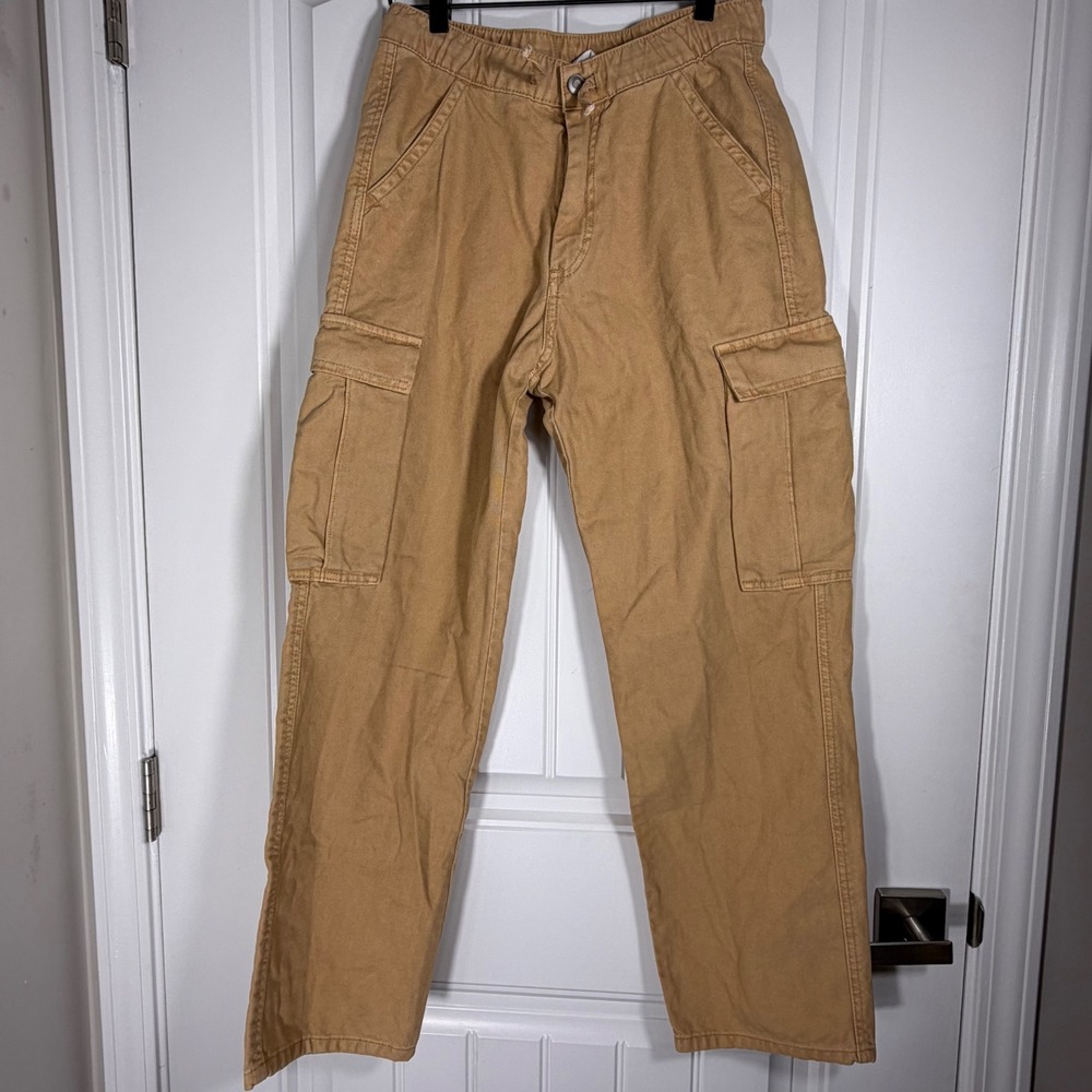 HM Women Tan Khaki Cotton Canvas Cargo Utility Pants Straight Leg Size 14A US 20